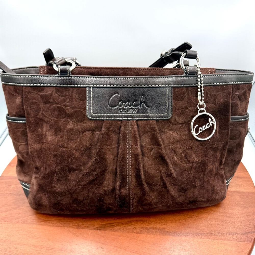 Coach Signature Optic Gallery Pleated Tote Bag Brown Suede Leather Trim Y2K Hobo